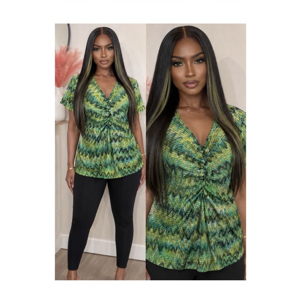 Izod Green Multi Chevron Ruched V-Neck Blouse Top Large #881